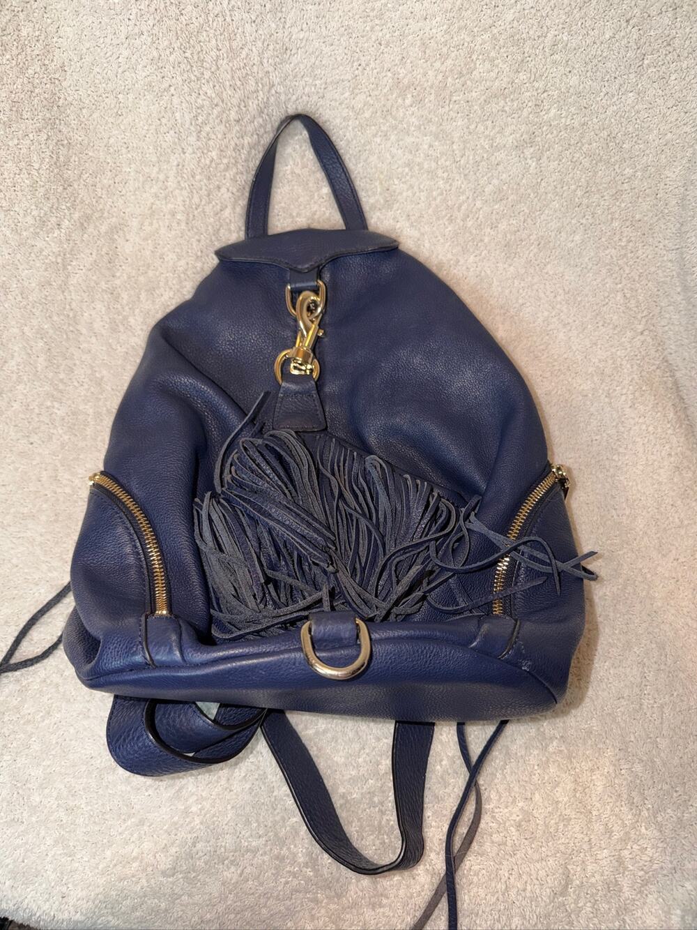 Rebecca Minkoff Julian Blue Leather Fringe Convertible Backpack Purse Handbag